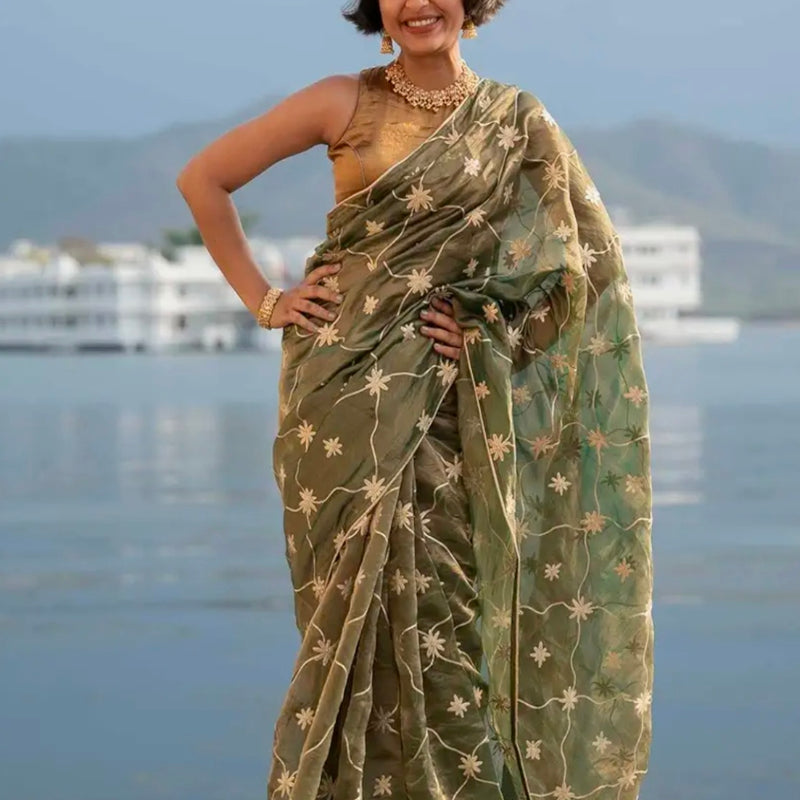 Suta Armin Pure Silk Saree - Olive Green